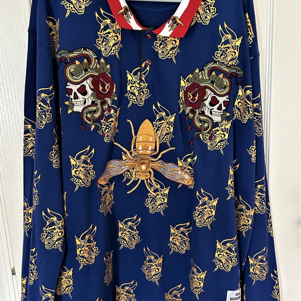 Reason Brand Men's 3XL Cotton Shirt Embroidered Wasp Snake Skull Blue Gold Red